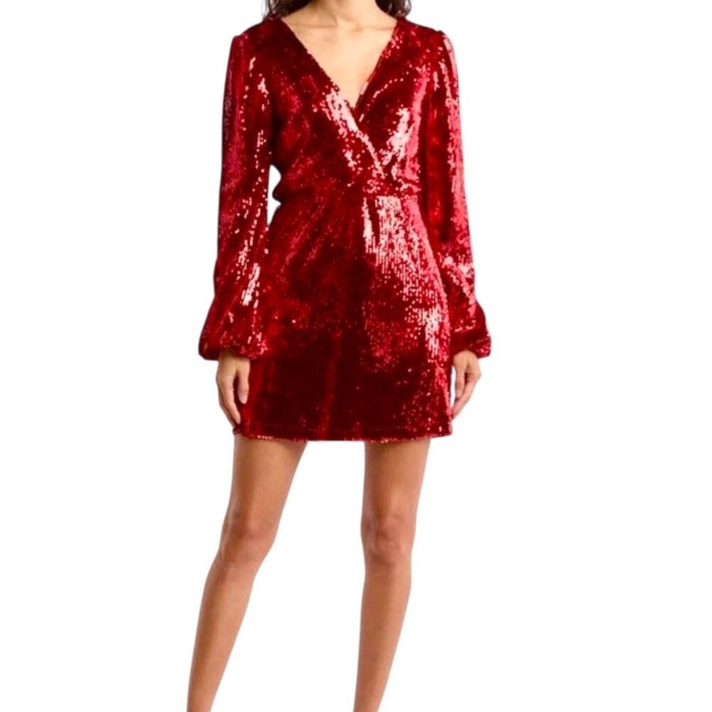 WAYF small flash sequin long sleeve faux wrap minidress D4 3319